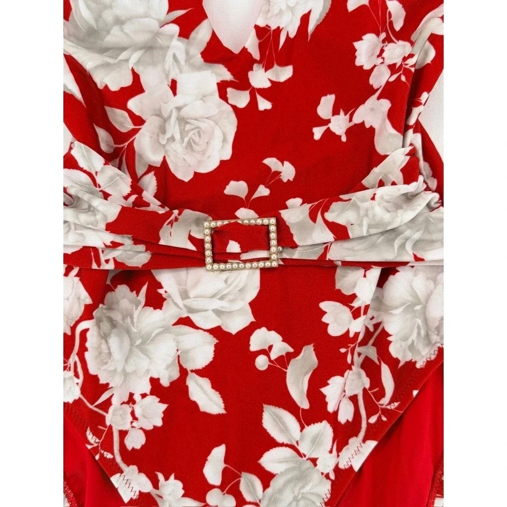 L'AGENCE Lisa Ikebana Floral Belted One Piece Swimsuit Red M - Picture 5 of 16